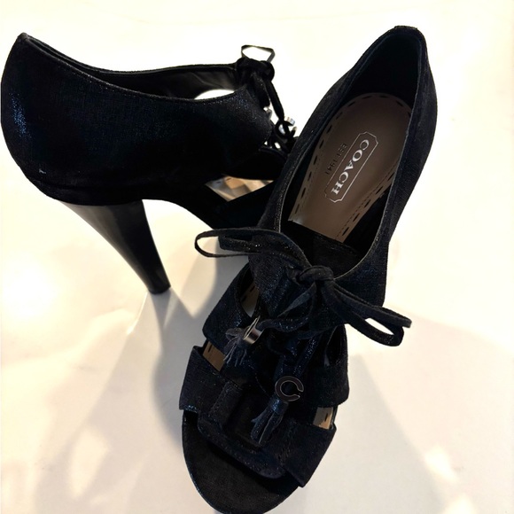 Coach Shoes - COACH•black suede leather platform heeled sandals 7 EUC